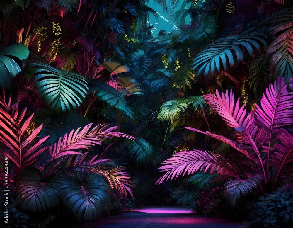Tropical leaves foliage with neon light background.