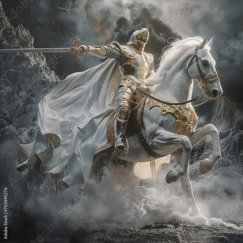 holy knight in a white armor on a white horse 
