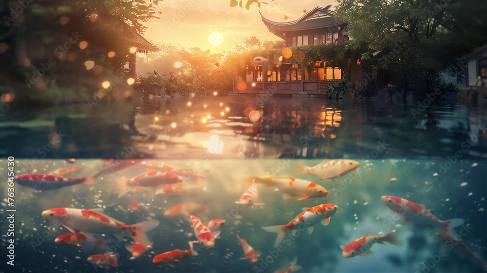 Clear river in half under water view with colorful Koi goldfishes under water and Asian traditional house with bamboo trees at sunset