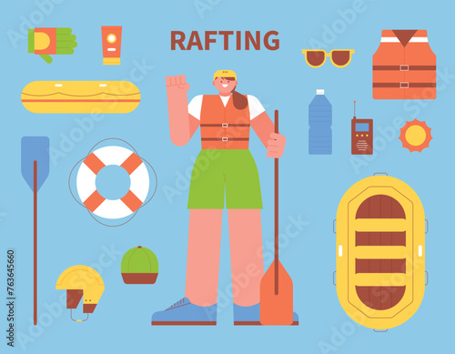 Person wearing equipment for rafting. A collection of items and equipment needed for rafting.