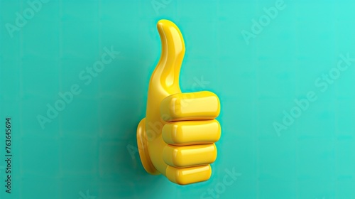 Thumbs up sign on turquoise background.