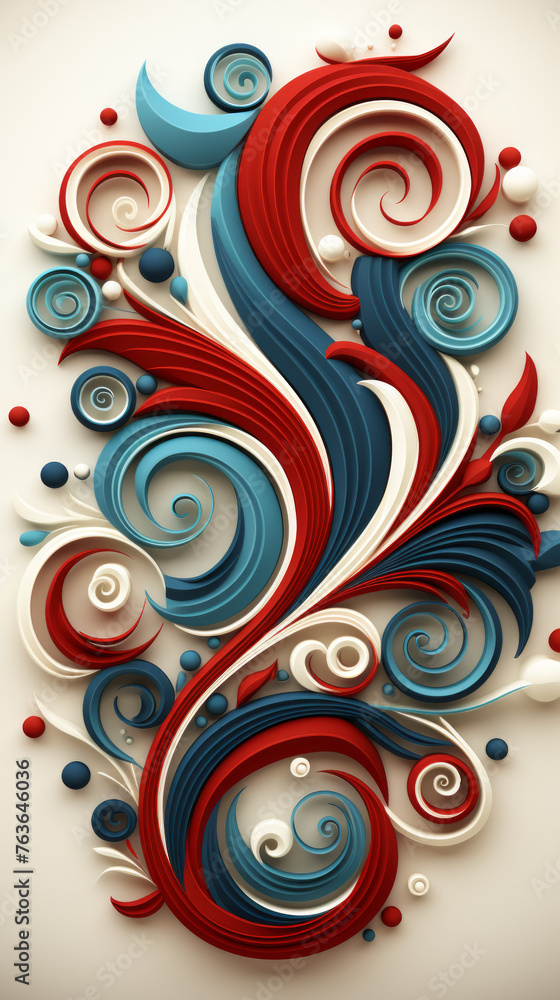 Abstract Quilled Paper Art with Swirls in Red, White, and Blue

