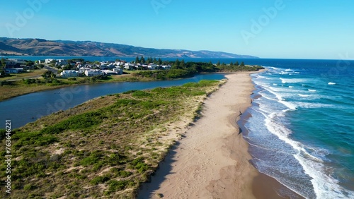 Apollo bay sandy shore, Great Ocean Road, VIC, Australia. Aerial view, drone video of the most famous travel and tourism destinations in Australia. Harbour, river and ocean in one place.