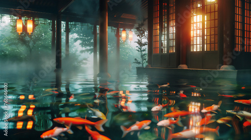 Clear pond with colorful Koi goldfishes under water and Asian traditional house with bamboo trees at morning