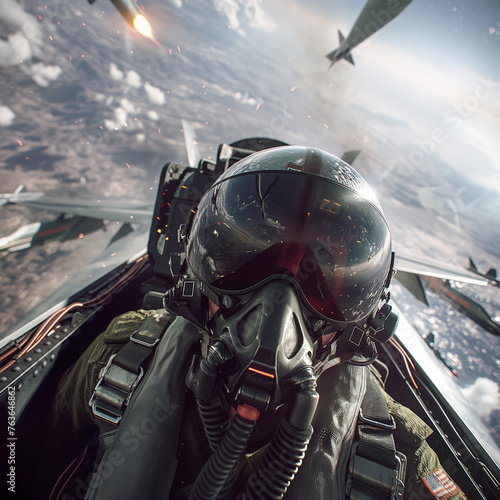 jet fighter pilot cockpit interior during the dog fight in war