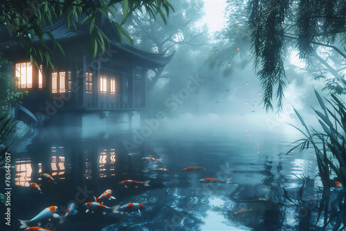 Clear pond with colorful goldfishes under water and Asian traditional house with bamboo trees frame at morning