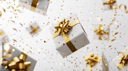 Merry New Year and Merry Christmas white gift boxes with golden bows and gold sequins confetti on white background.