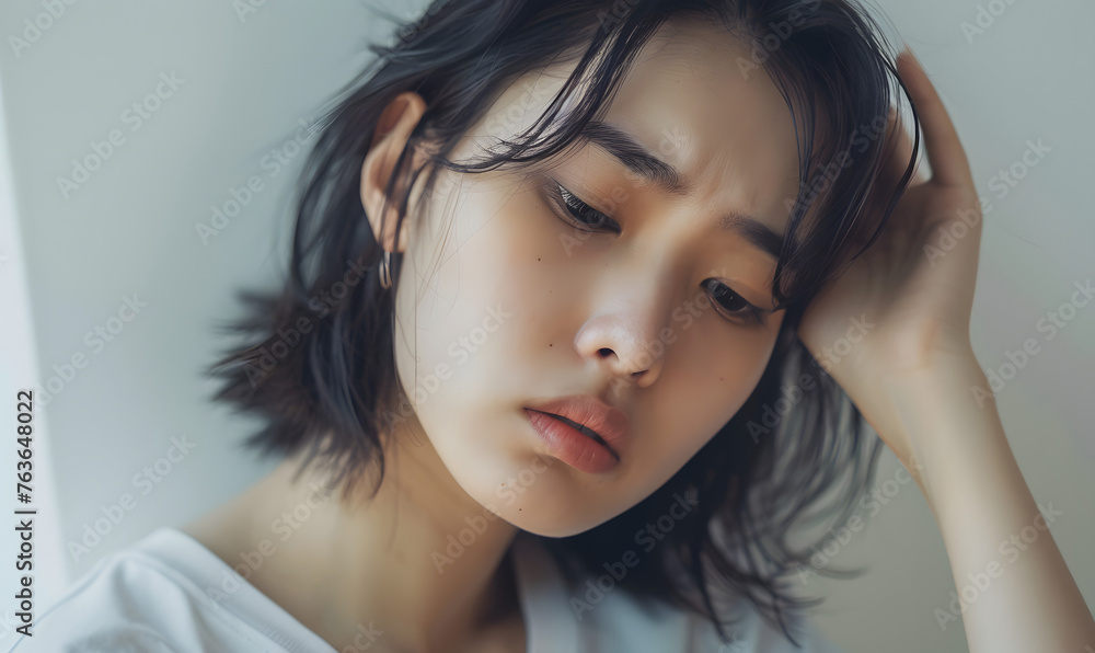 Sad tired asian woman touching forehead having headache migraine or depression, Generative AI Sad tired asian woman touching forehead having headache migraine or depression, Generative AI