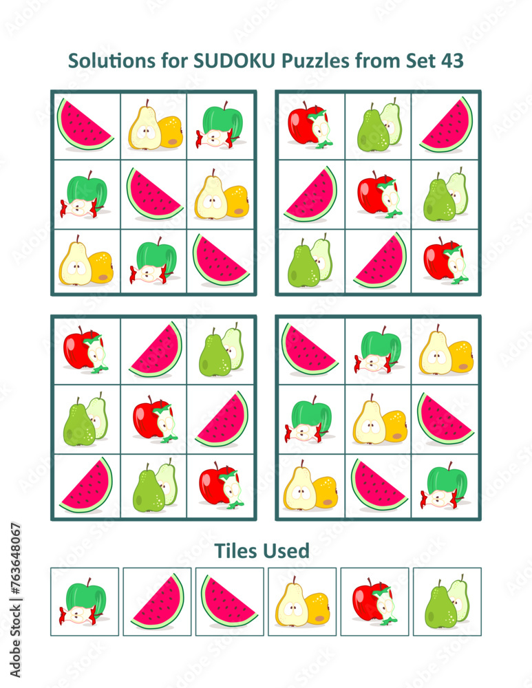 Solutions, or answers, for 4 easy picture sudoku puzzles with fruit and berry iconic images. Plus design elements. Set 43.
