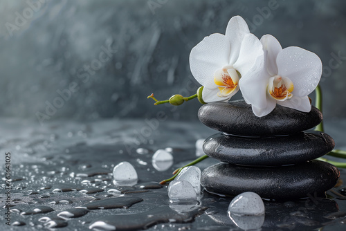 Stack of black zen stones and white orchids.