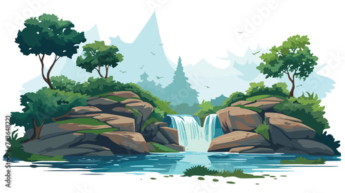 Fragment of landscape with waterfall and trees flat