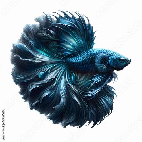 A photo of a wild betta fish, showcasing a captivating Steel Blue color. The fish should be detailed vividly, emphasizing the distinct textures and natural patterns © bteeranan