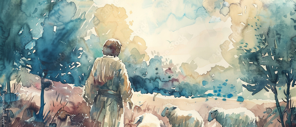 A contemplative man looking out over a serene, sunlit pastoral landscape painted with delicate watercolor strokes