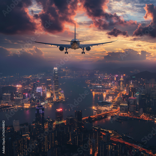 sunset plane flight over the city