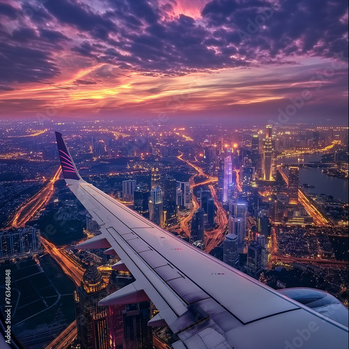 sunset plane flight over the city