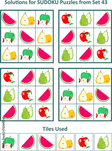 Solutions, or answers, for 4 easy picture sudoku puzzles with fruit and berry iconic images. Plus design elements. Set 43.
