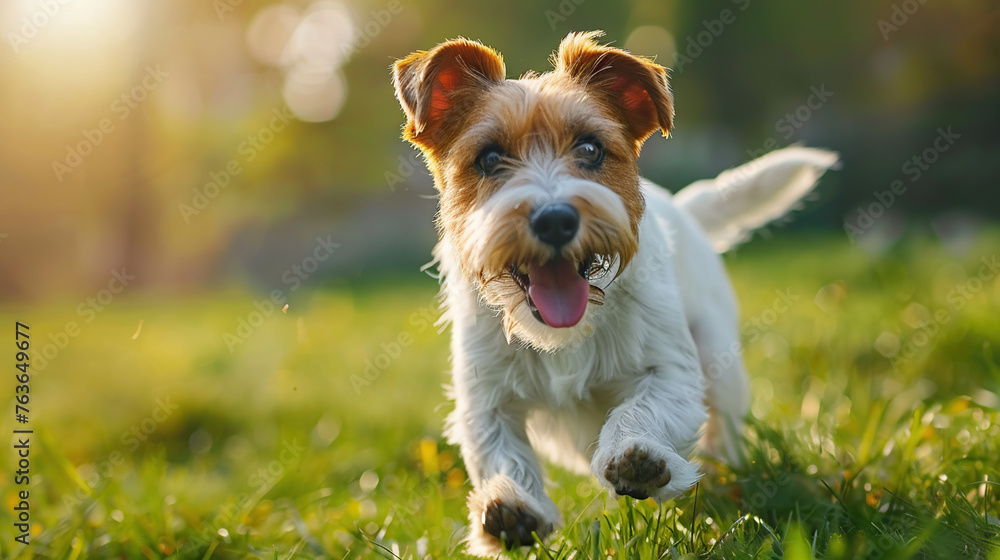 Happy parson russel terrier running on green grass meadow, dog is looking at camera and smiling, dynamic shot, sunny day, photo taken from behind the subject Happy parson russel terrier running on green grass meadow, dog is looking at camera and smiling, dynamic shot, sunny day, photo taken from behind the subject