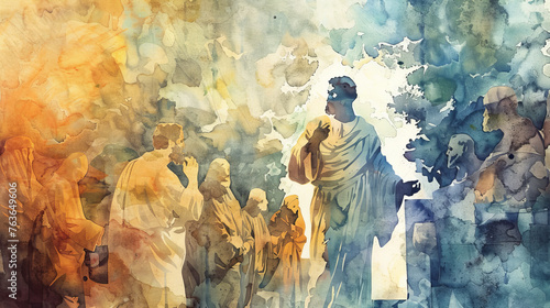 A vibrant abstract watercolor painting showcasing silhouettes of historical figures possibly from ancient Rome or Greece