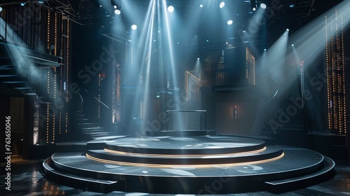 A stage design featuring rotating platforms or turntables 