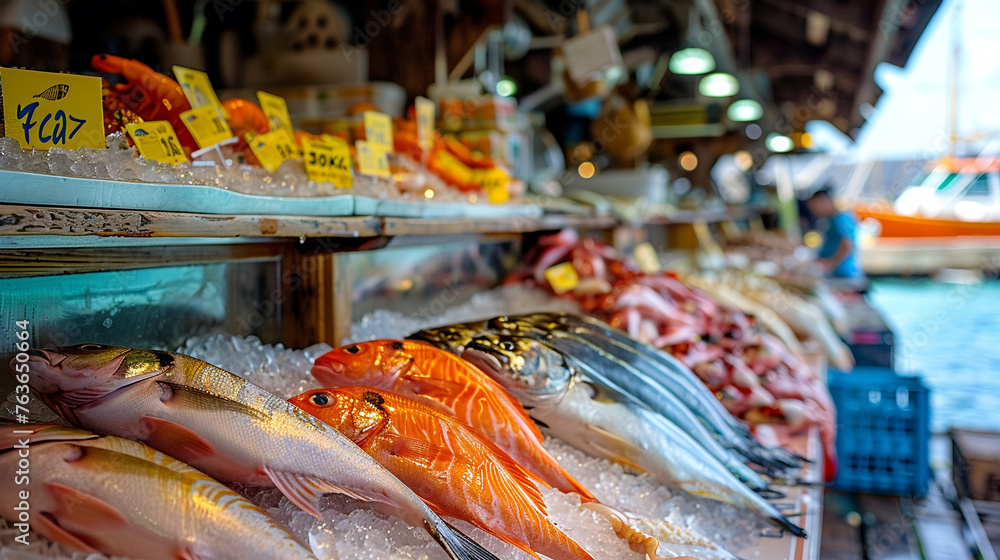Fresh Catch Displayed at Bustling Fish Market with Price Tags and Icy Preservation