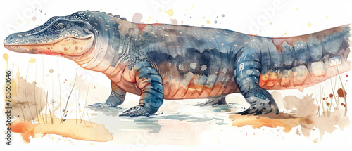 A beautifully rendered watercolor of a dinosaur calmly strolling through a natural  earth-toned setting