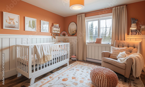 Warm and Welcoming Nursery Room Interior with Crib, Comfortable Chair, and Soft Decor