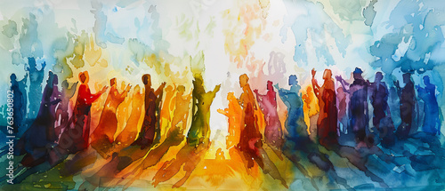 Vibrantly hued silhouettes of people with arms raised are depicted in a watercolor sunrise scene