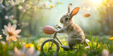 cute easter bunny riding a bicycle Cute bunny with colorful painted Easter eggs in the forest. Concept of happy Easter day.