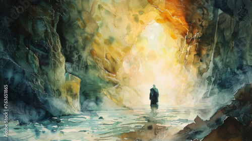 A captivating watercolor depicting a lone figure standing in awe within the majestic depths of a cave