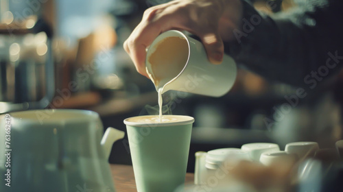 Close-up of a barista pouring frothed hot milk into a cup of coffee, creating latte art in a cafe. Making cappuccino or latte. Drinks concept. photo