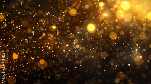 Abstract Golden Bokeh Particles Glowing on Dark Background, Festive Concept Illustration