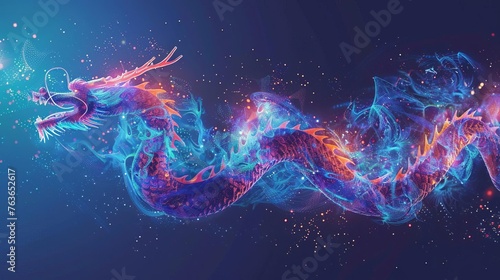 Abstract Flying Dragon on Dark Blue Background Representing AI, Neural Networks and Big Data