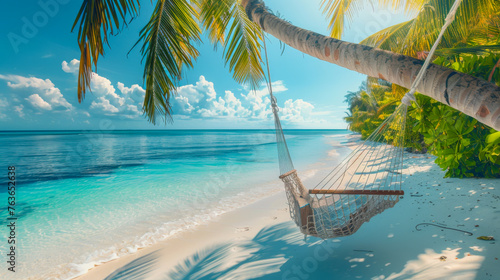 Tropical beach background. Beach hammock hangs on a palm tree over golden sand, calm sea or ocean and sunny sky. Paradisaic delight. Vacation or vacation concept. © Alina Tymofieieva