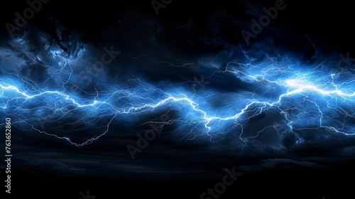 Dramatic lightning bolt striking on dark stormy background, abstract photography
