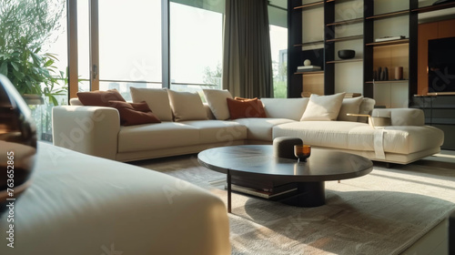 Modern armchair, panoramic windows. Stylish and minimalist living room design. Simple Scandinavian design. Style and fashion concept. © Alina Tymofieieva