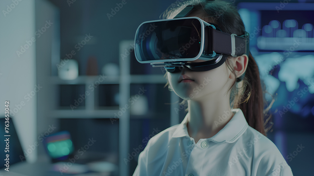 A woman wearing a white lab coat is playing a video game with a virtual reality headset. The game is set in a futuristic world with bright colors and a lot of movement A woman wearing a white lab coat is playing a video game with a virtual reality headset. The game is set in a futuristic world with bright colors and a lot of movement