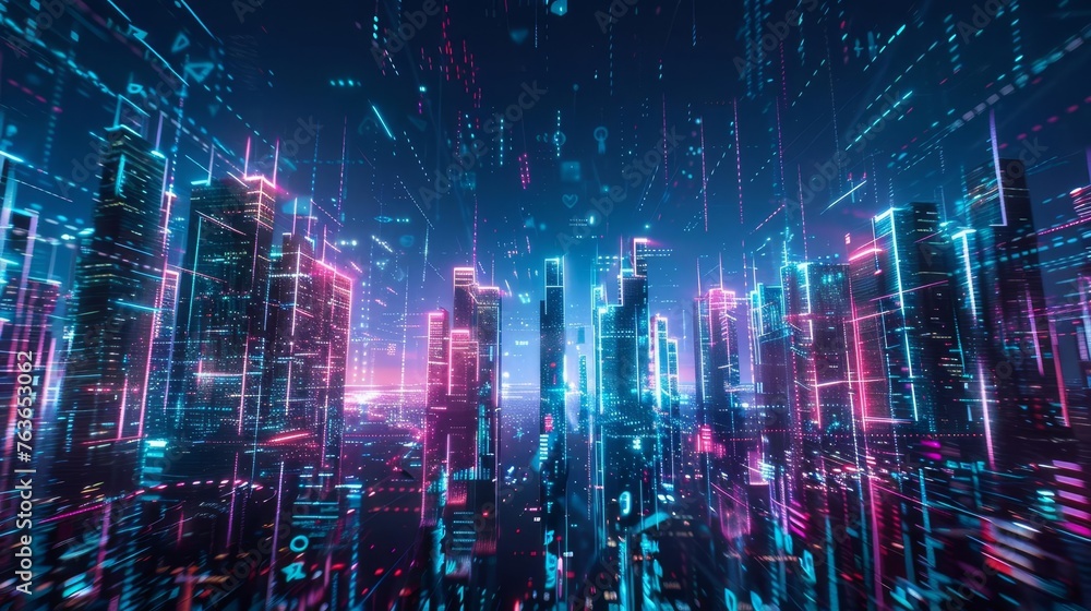 Fototapeta premium Futuristic city skyline with neon lights and holographic elements, cyberpunk cityscape