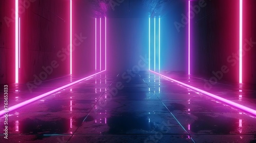 Futuristic abstract neon background, ascending pink and blue glowing lines, laser rays, fantastic wallpaper, 3D rendering
