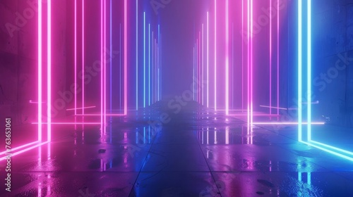 Futuristic neon abstract background  ascending pink and blue glowing lines  3D render