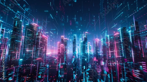 Futuristic city skyline with neon lights and holographic elements, cyberpunk cityscape