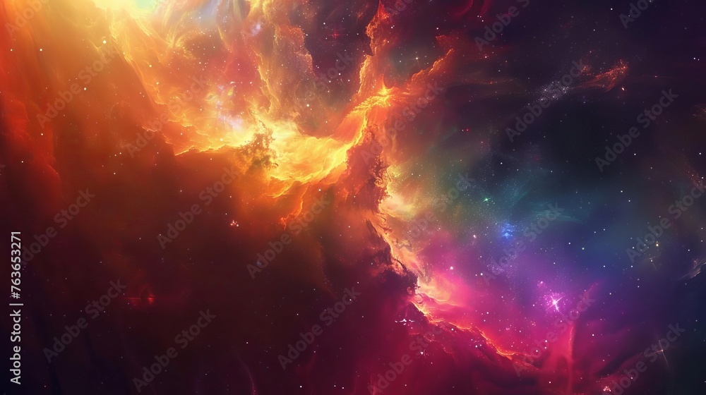 Majestic space nebula and distant galaxy, colorful cosmic dust clouds, stars, awe-inspiring universe, digital painting