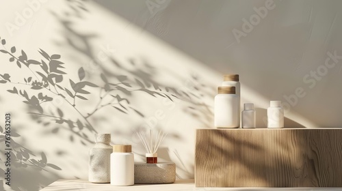 Luxurious skincare product display on wooden podium, shadow on white wall, 3D render