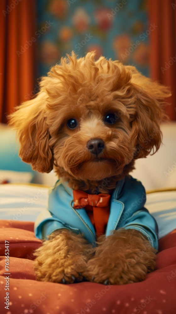 A cute toy poodle wearing a blue jacket laying on the bed. Poodle portrait. Vertical orientation