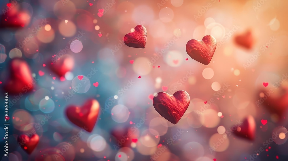 Romantic Valentine's Day background with red hearts floating in a dreamy bokeh, love concept, digital illustration