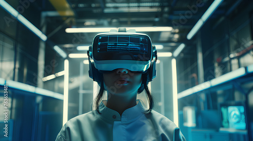 A woman wearing a white lab coat is playing a video game with a virtual reality headset. The game is set in a futuristic world with bright colors and a lot of movement