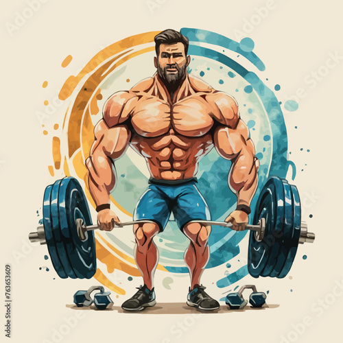 red white black modern style minimalist lines of a strong muscle pose strong body builder anatomy man at gym with bundle Doing exercises in all body positions using different gym equipment
