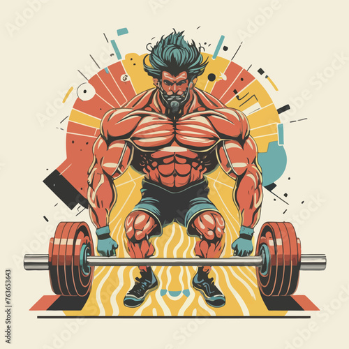 red white black modern style minimalist lines of a strong muscle pose strong body builder anatomy man at gym with bundle Doing exercises in all body positions using different gym equipment
