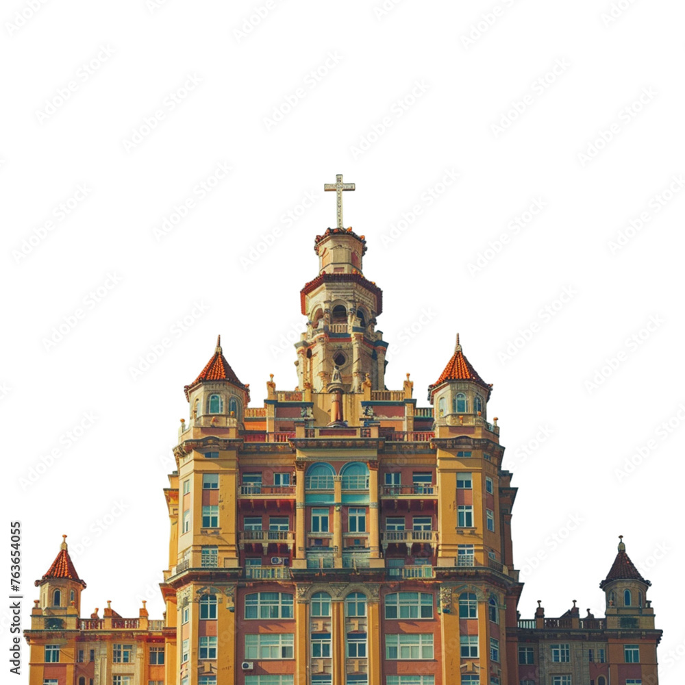 A large building with a cross on top of it on white transparent background