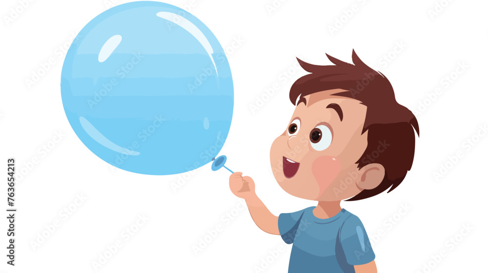 Little boy blowing blue balloon flat style vector i