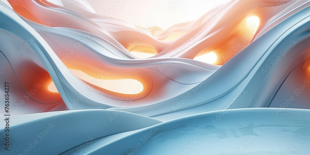 Abstract wavy background in blue and orange hues with a smooth, flowing design. - obrazy, fototapety, plakaty 
